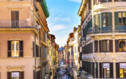 Via Condotti Famous Shopping Street Rome Italy.  Narrow street with many famous designer brands leads to the Spanish Steps on one end